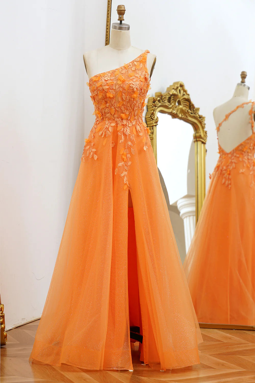 A-Line Appliqued One Shoulder Tulle Prom Dress